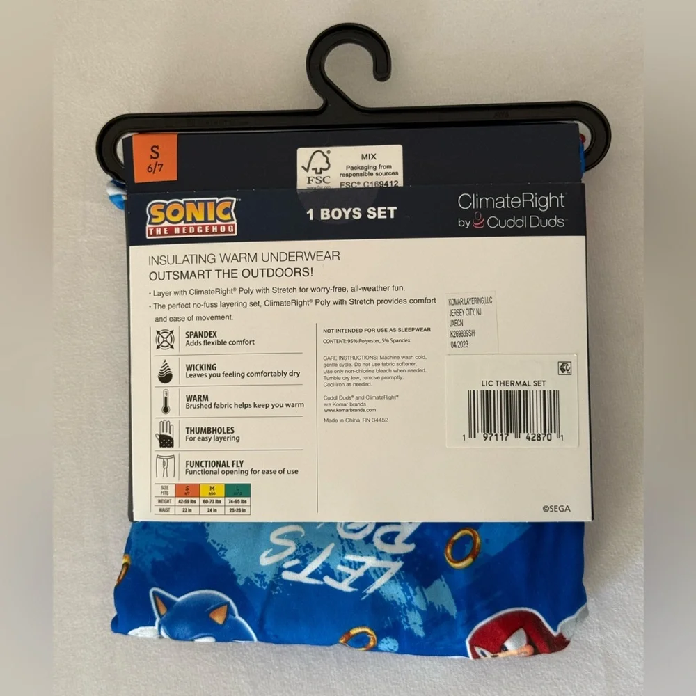 Cuddl Duds Climate Right Warm Underwear Sonic Hedgehog